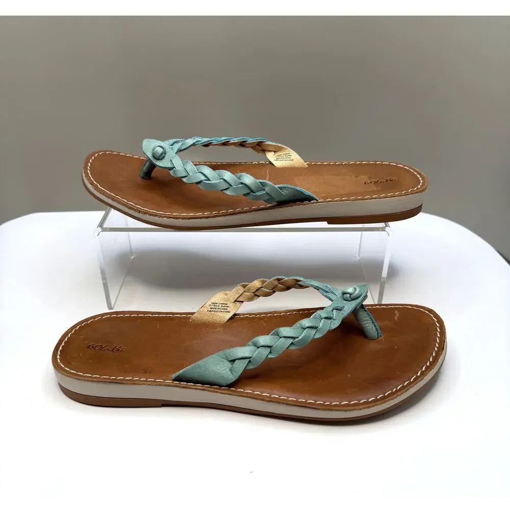 Olukai Kahiko Braided Leather Thong Sandals Sz 8 Flip Flops Turquoise Boho Flat - Picture 7 of 10